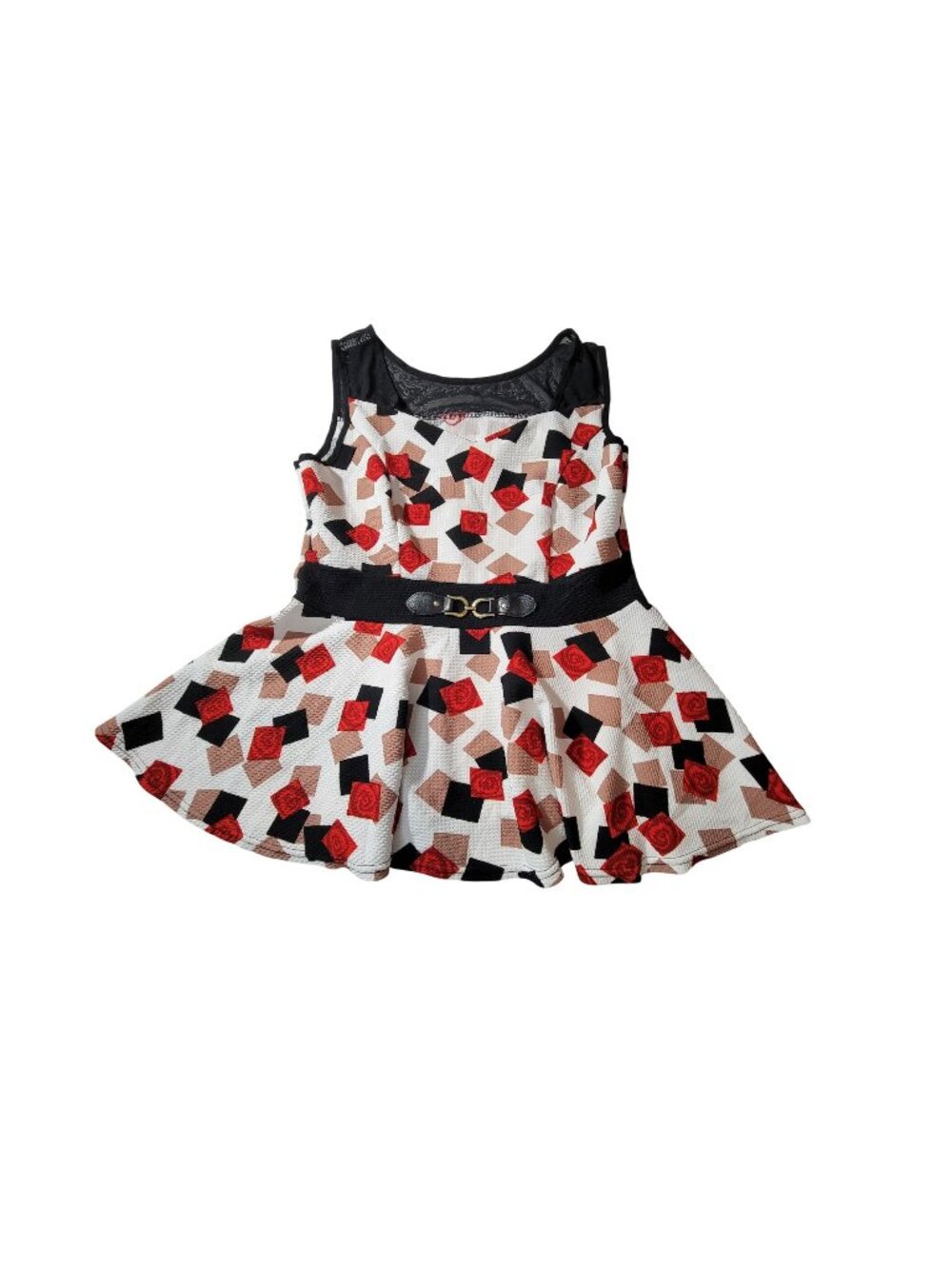 Sleeveless Fit-And-Flare Dress With Geometric & Floral Pattern Lace Yoke Belted